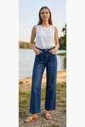 Pintuck Wide Leg Stretch Jeans, wash 1, front model view