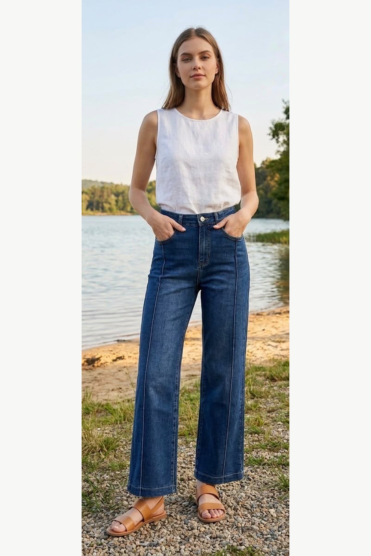 Pintuck Wide Leg Stretch Jeans, wash 1, front model view