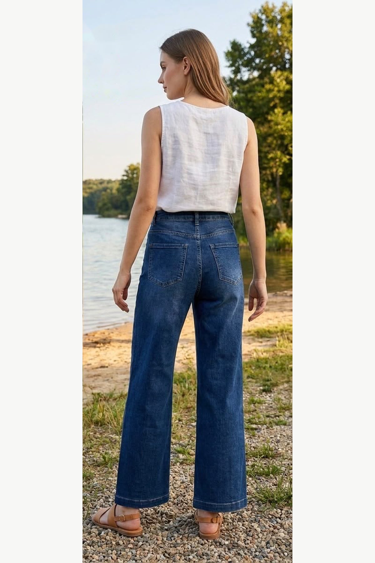 Pintuck Wide Leg Stretch Jeans, wash 1, back model view