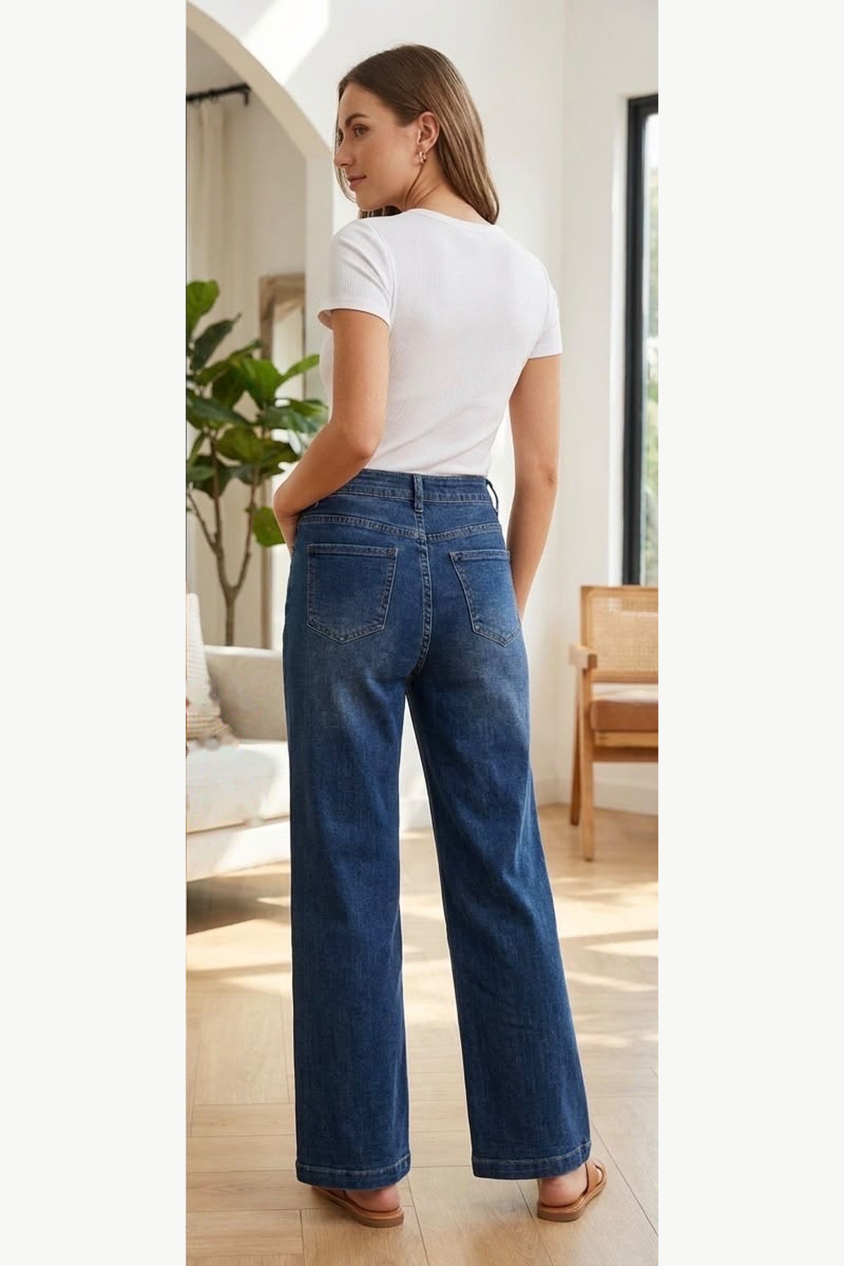 Pintuck Wide Leg Stretch Jeans, wash 2, back model view