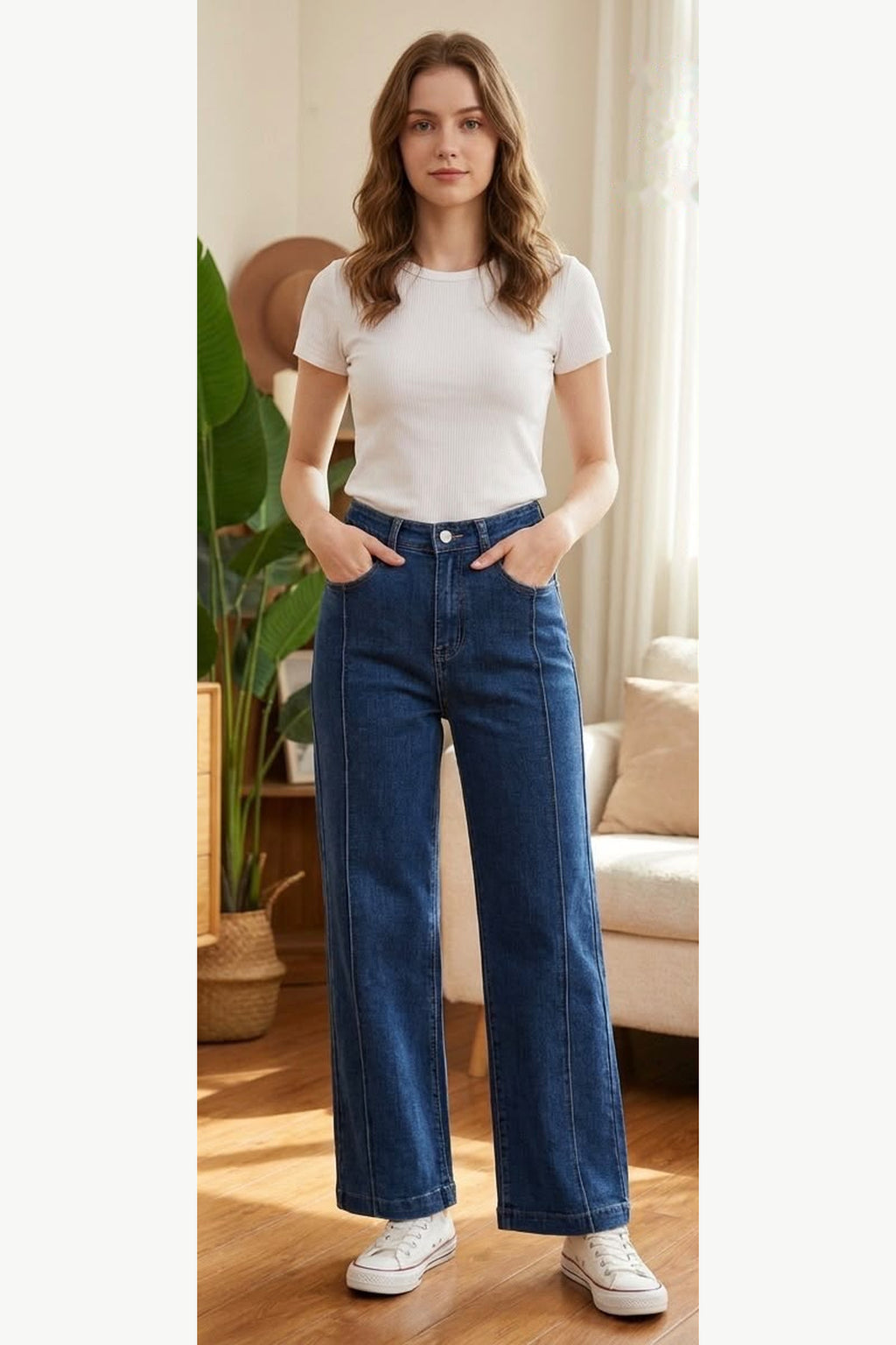 Pintuck Wide Leg Stretch Jeans, wash 4, front model view