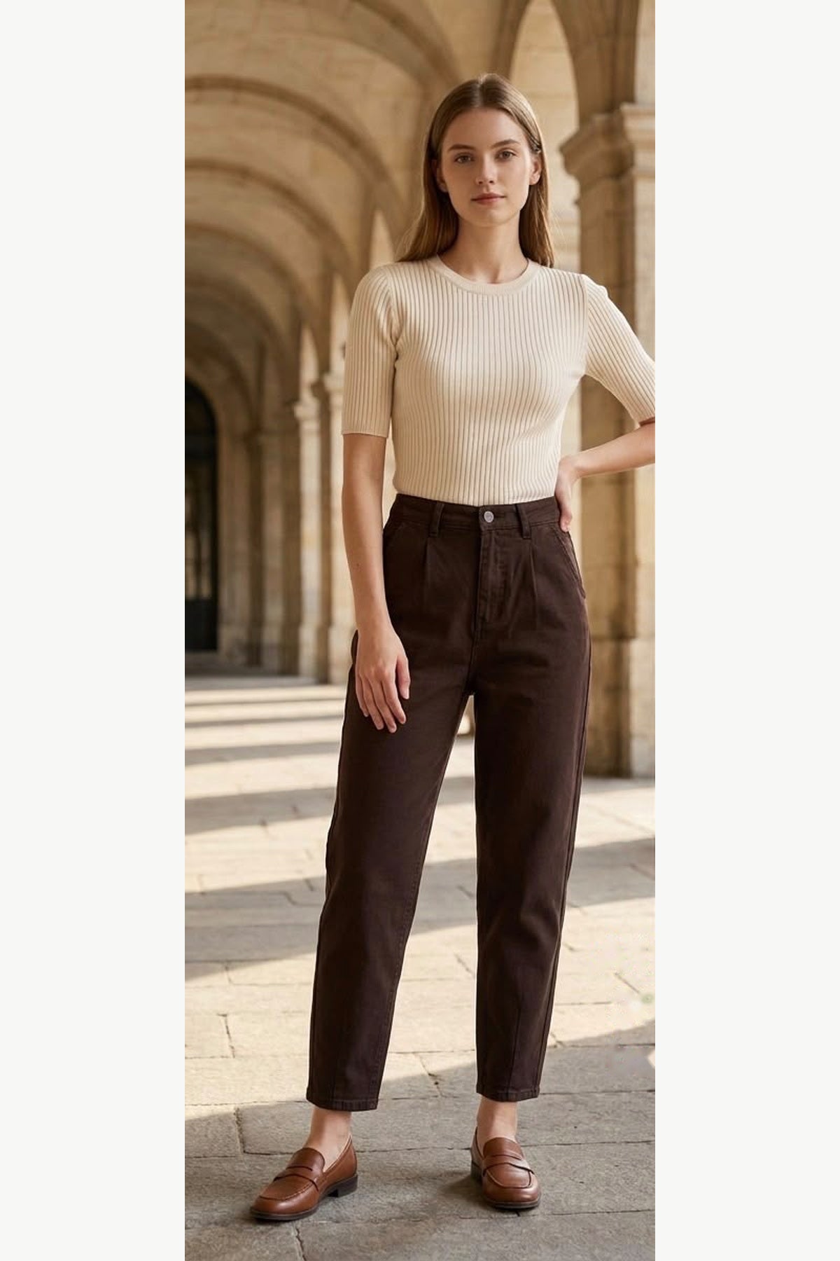 Chocolate Brown Stretch Barrel Leg Jeans, Chocolate Brown, front model view