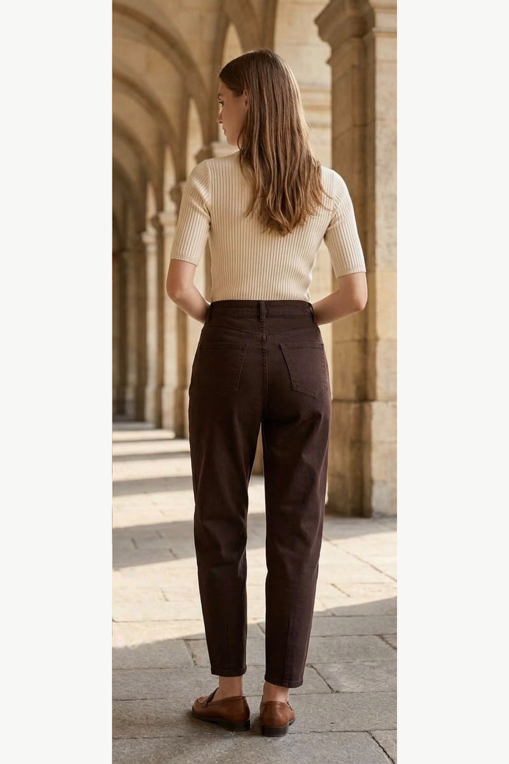 Chocolate Brown Stretch Barrel Leg Jeans, Chocolate Brown, back model view