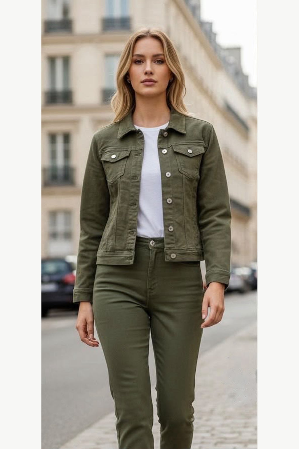 Khaki Stretch Denim Jacket, Khaki, front model view