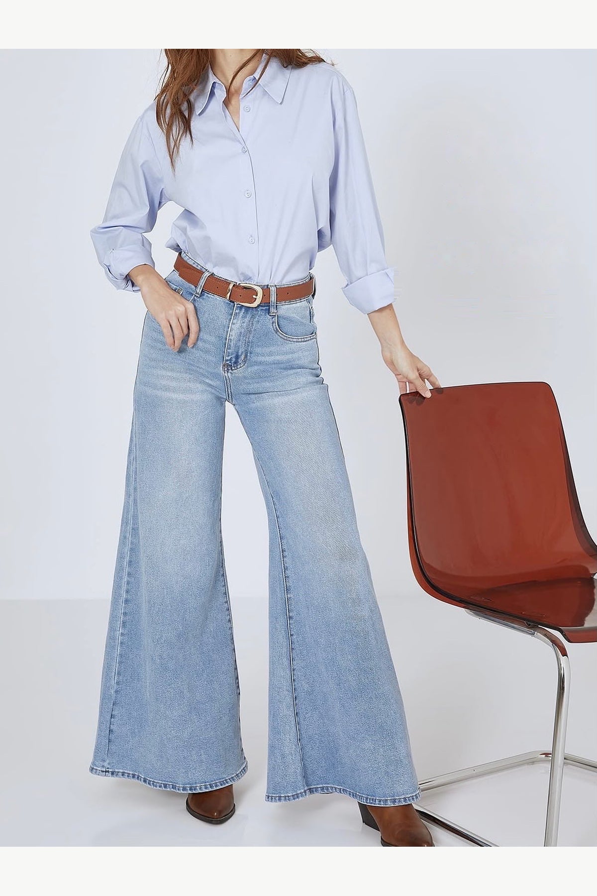 Light Wash Stretch Palazzo Jeans, Light Blue, front model view