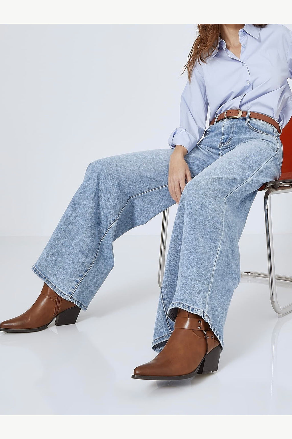 Light Wash Stretch Palazzo Jeans, Light Blue, seated model view