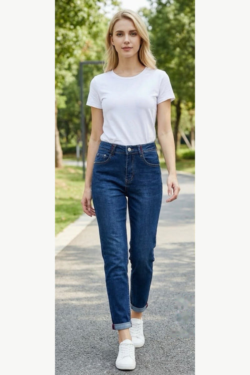 Blue Stretch Mom Fit Jeans, Blue, front model view