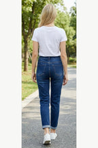 Blue Stretch Mom Fit Jeans, Blue, back model view