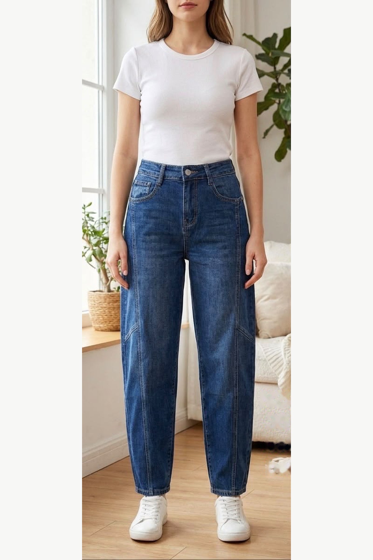 Barrel Leg Jeans with Side Seam Detail, Blue, front model view