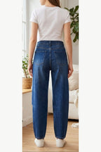 Barrel Leg Jeans with Side Seam Detail, Blue, back model view