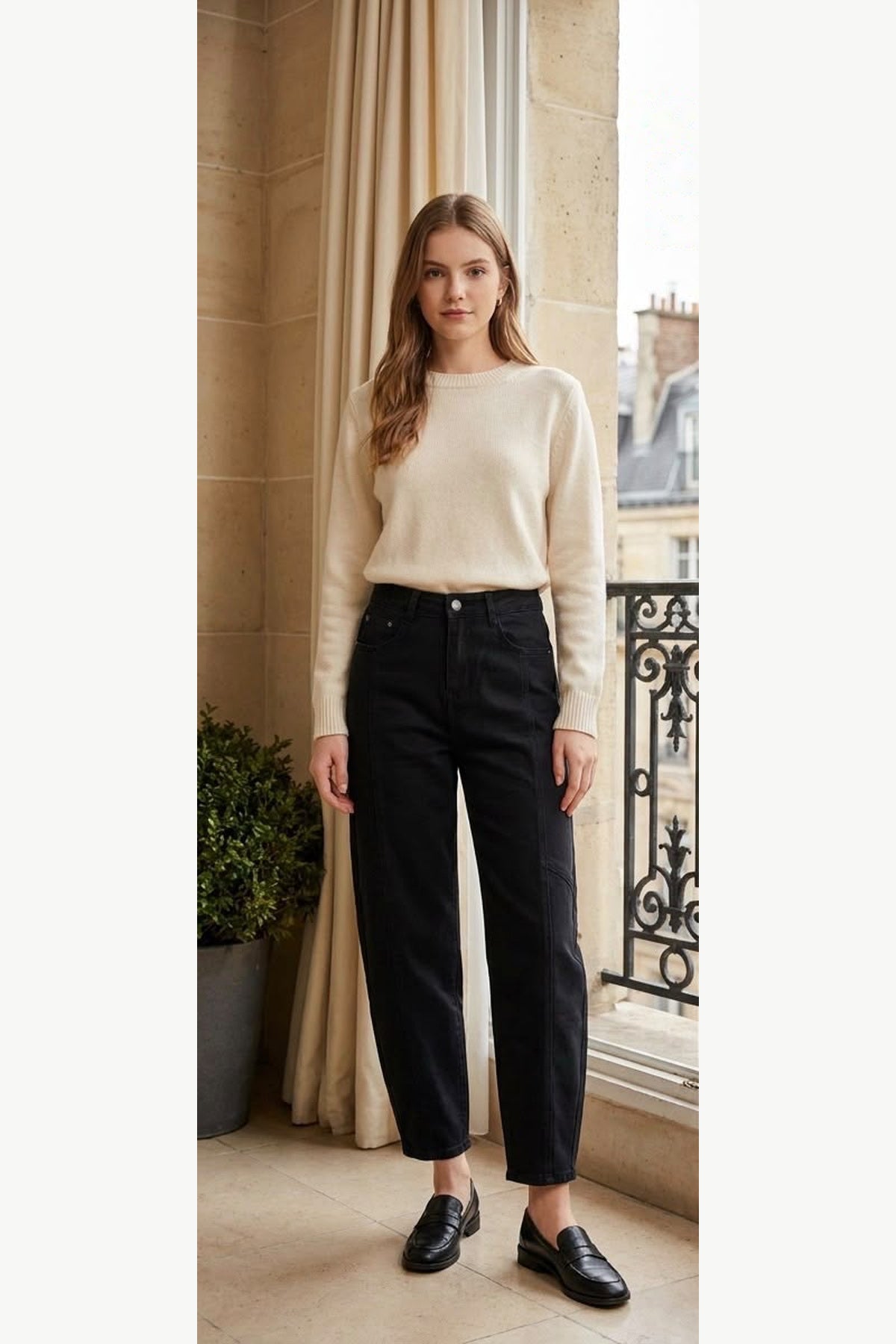Barrel Leg Jeans with Side Seam Detail, Black, front model view
