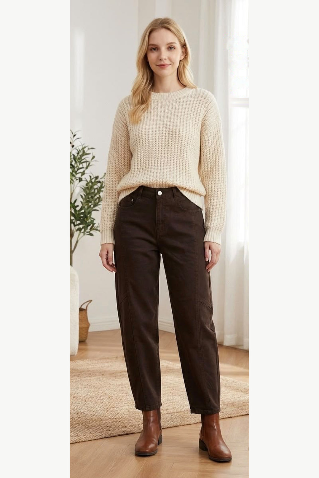 Barrel Leg Jeans with Side Seam Detail, Chocolate Brown, front model view