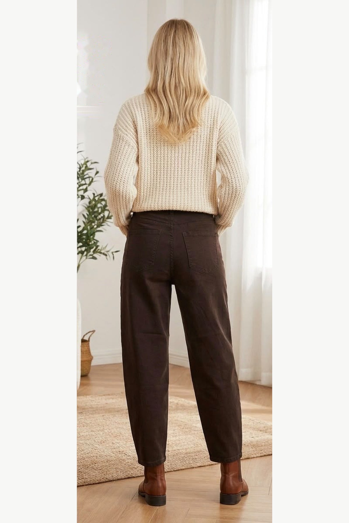 Barrel Leg Jeans with Side Seam Detail, Chocolate Brown, back model view
