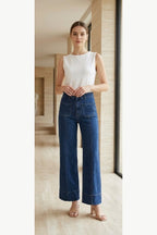 Square Pocket Wide Leg Stretch Jeans with Deep Hem, Blue, front model view