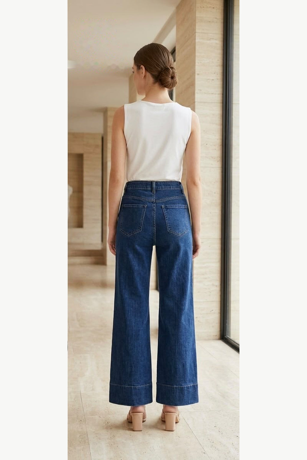 Square Pocket Wide Leg Stretch Jeans with Deep Hem, Blue, back model view