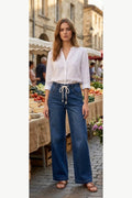 Drawstring Wide Leg Stretch Jeans with Deep Hem, Blue, front model view