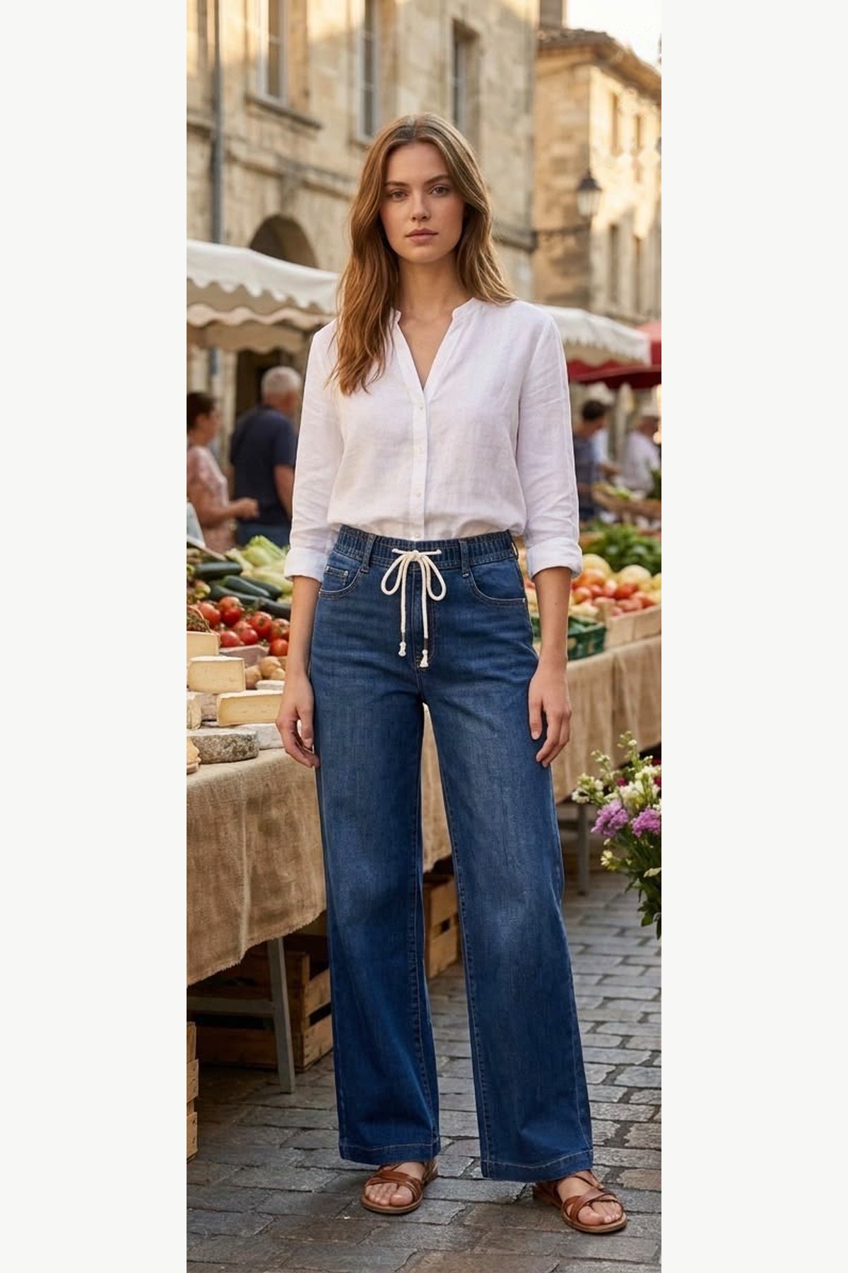 Drawstring Wide Leg Stretch Jeans with Deep Hem, Blue, front model view