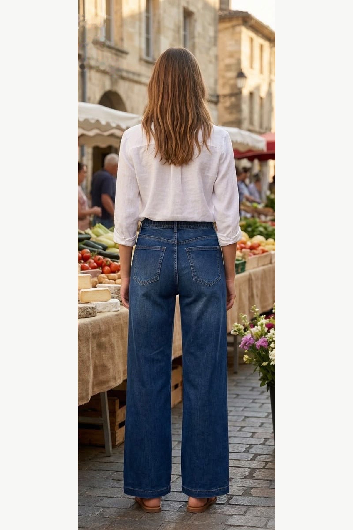 Drawstring Wide Leg Stretch Jeans with Deep Hem, Blue, back model view