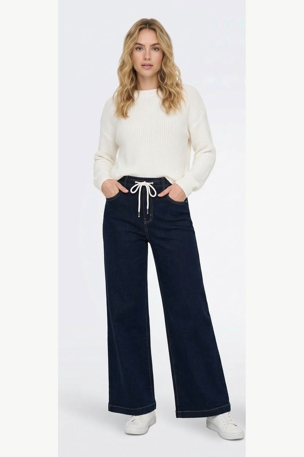 Dark Navy Drawstring Wide Leg Stretch Jeans, Dark Navy, front model view