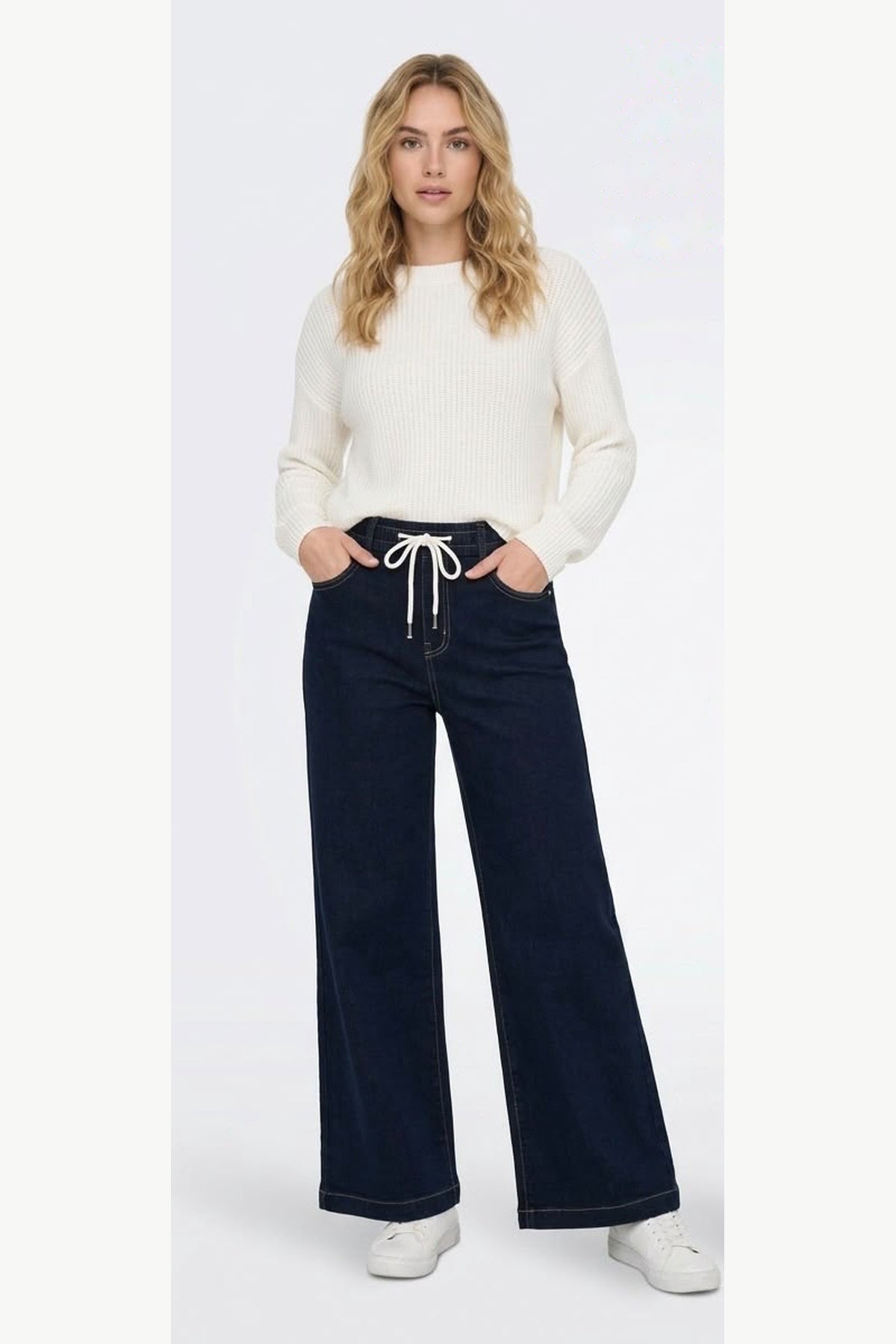 Dark Navy Drawstring Wide Leg Stretch Jeans, Dark Navy, front model view