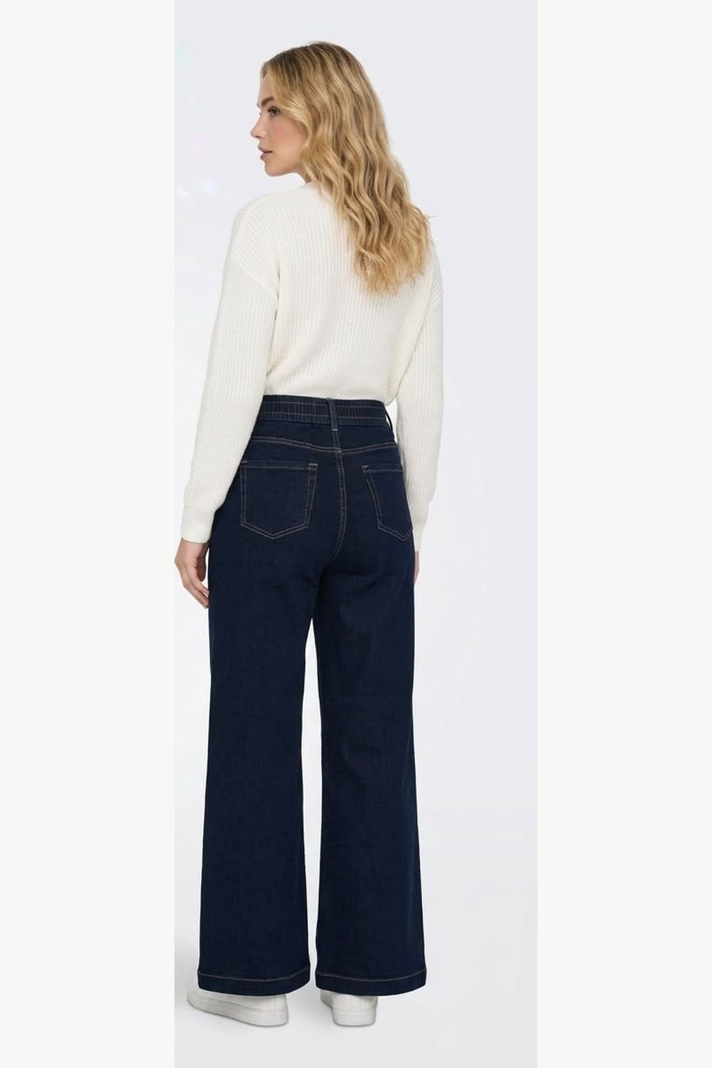 Dark Navy Drawstring Wide Leg Stretch Jeans, Dark Navy, back model view