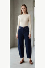 Dark Navy Stretch Barrel Leg Jeans, Dark Navy, front model view