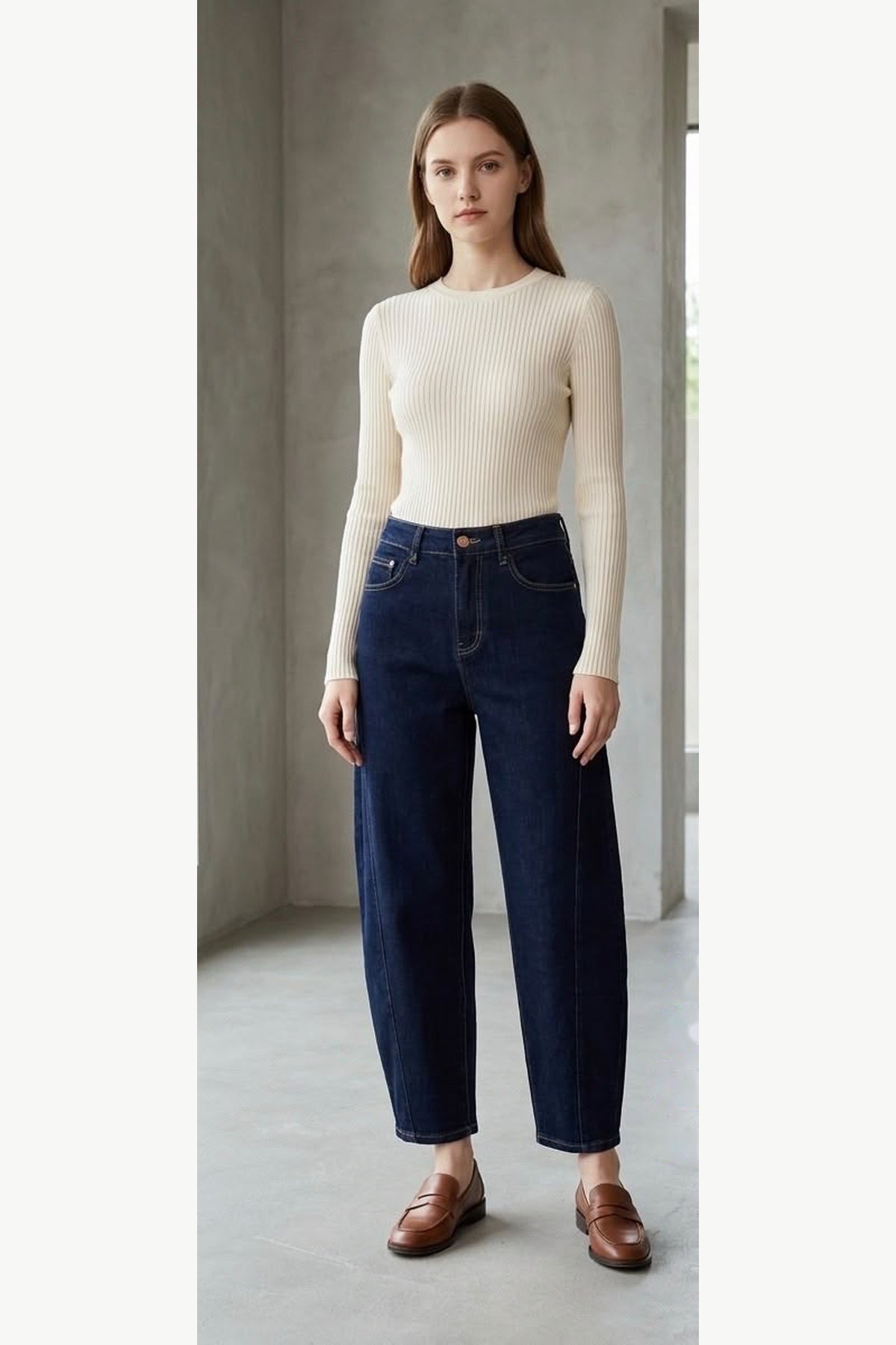Dark Navy Stretch Barrel Leg Jeans, Dark Navy, front model view