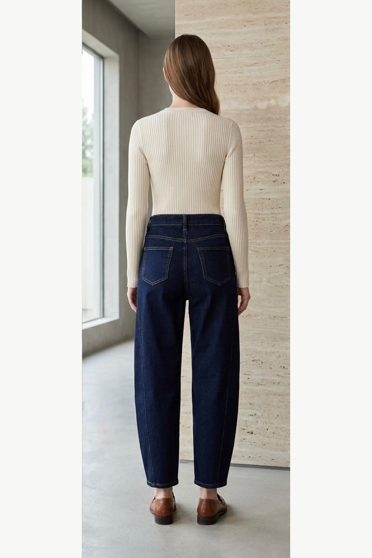 Dark Navy Stretch Barrel Leg Jeans, Dark Navy, back model view