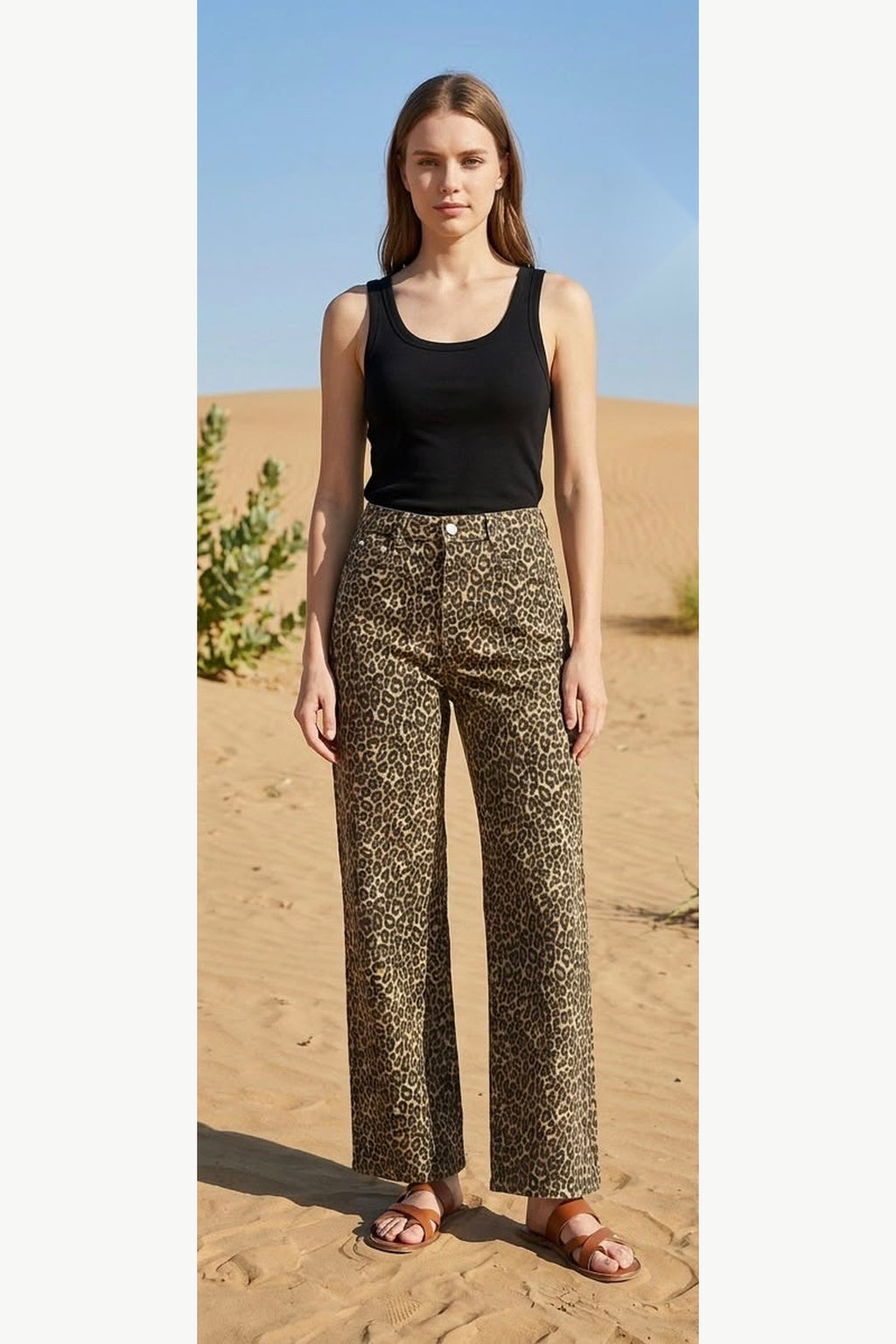 Leopard Print Wide Leg Stretch Jeans, Leopard Print, front model view
