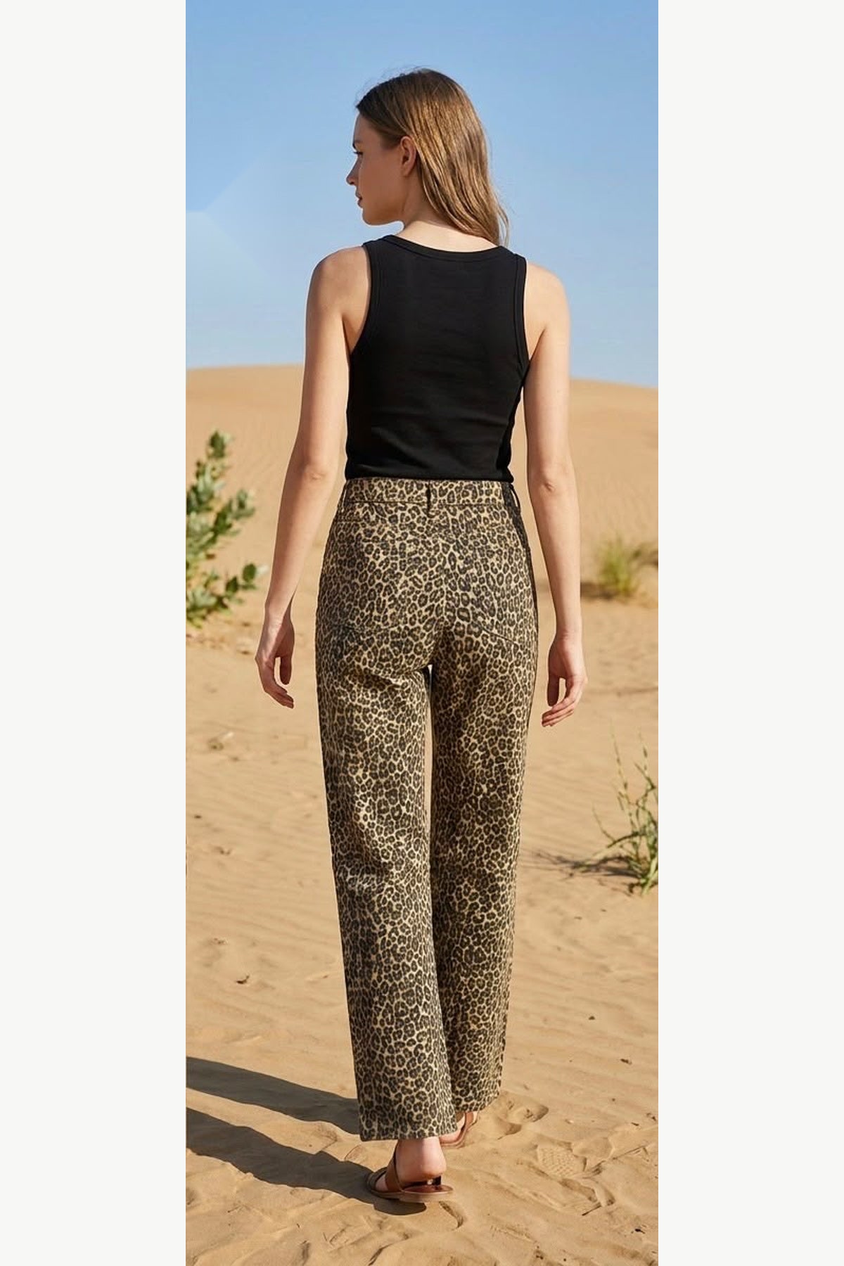 Leopard Print Wide Leg Stretch Jeans, Leopard Print, back model view