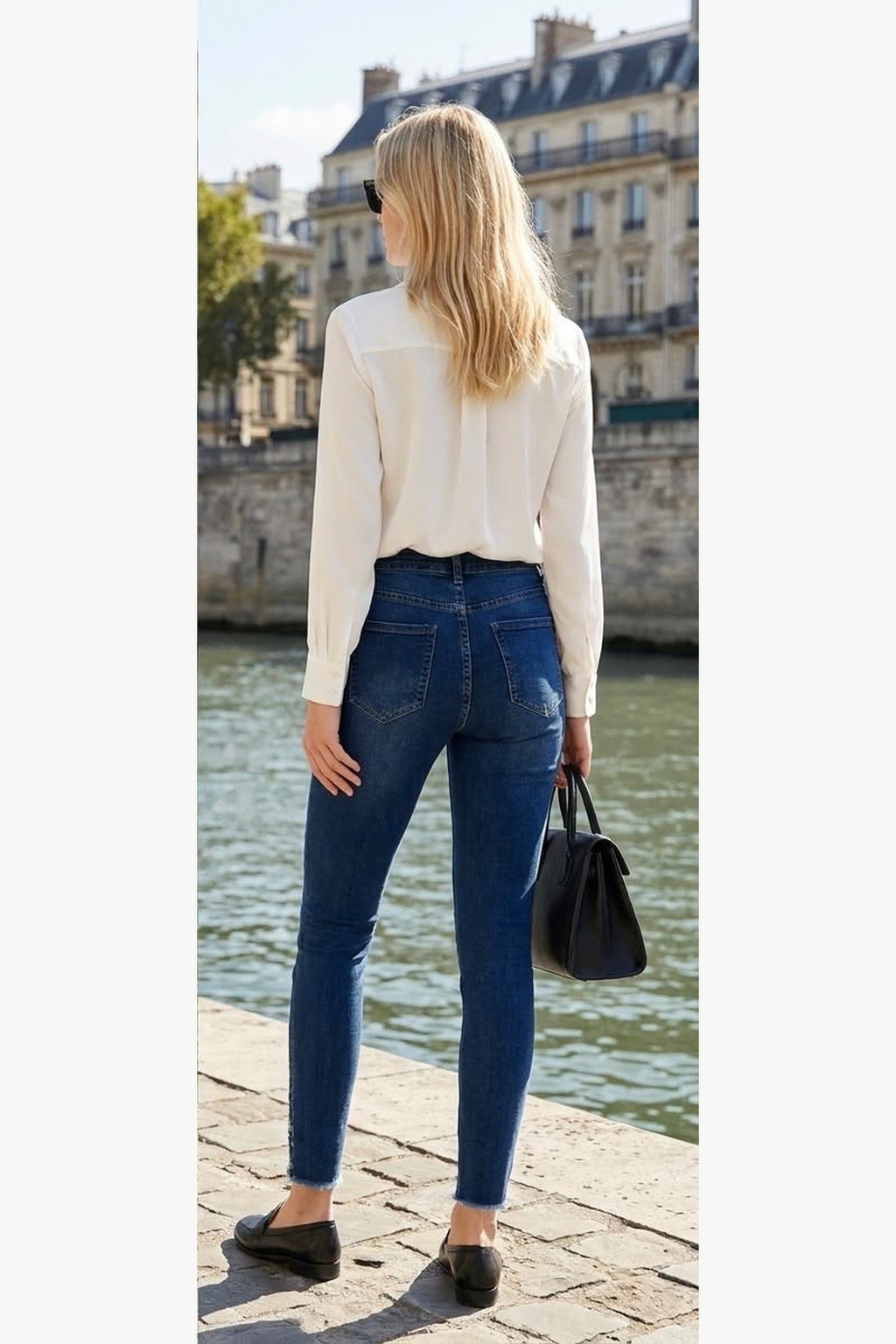 Diamanté Detail Stretch Skinny Jeans, Blue, back model view