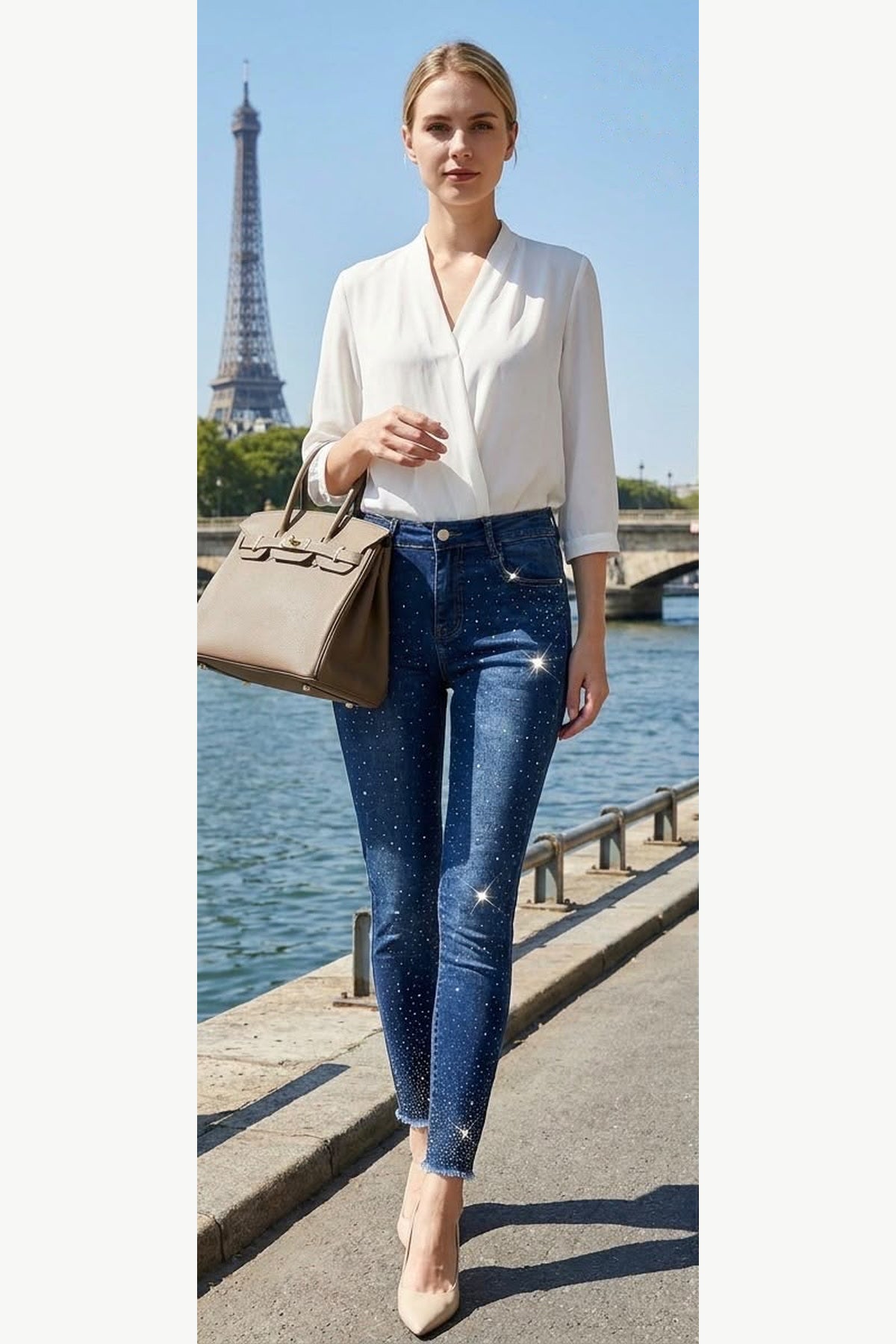 All-Over Diamanté Stretch Skinny Jeans, Blue, front model view