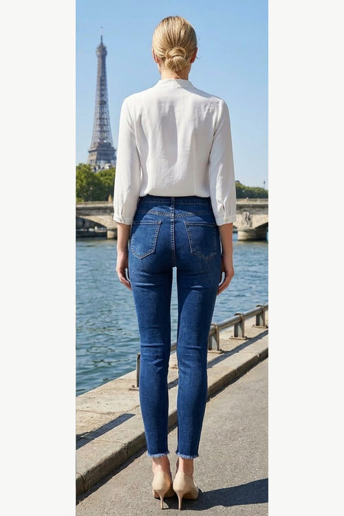 All-Over Diamanté Stretch Skinny Jeans, Blue, back model view